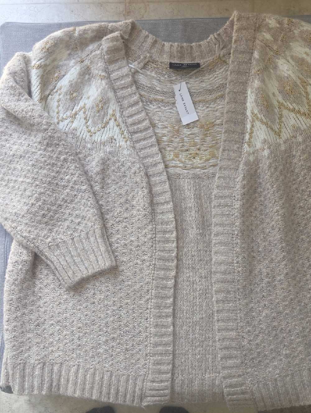 Lane Bryant Cream Open-Front Cardigan with Gold Accent Stitching